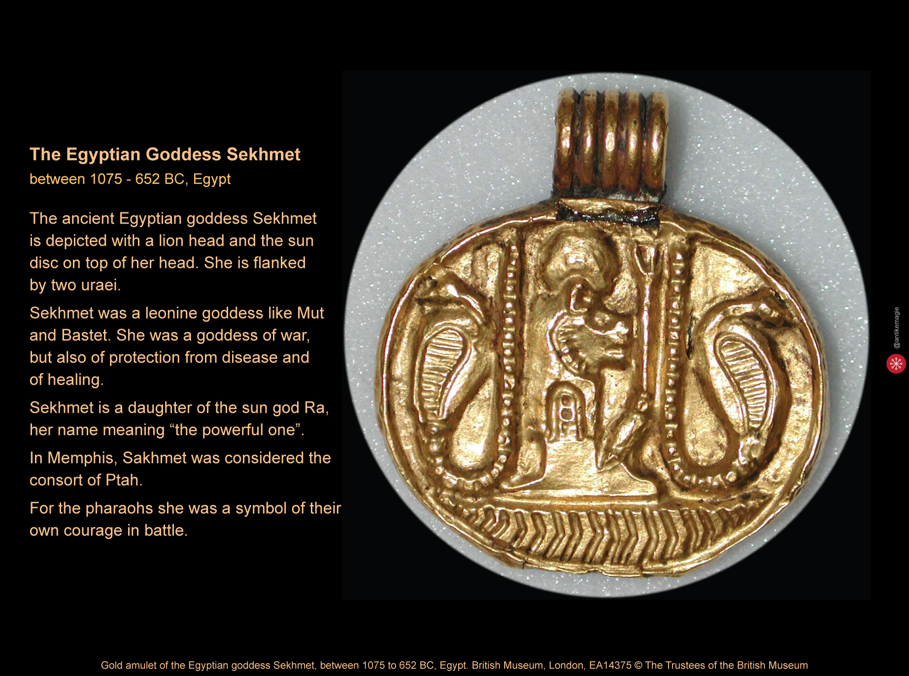 Gold amulet of the Egyptian goddess Sekhmet, between 1075 to 652 BC, Egypt. British Museum, London, EA14375 © The Trustees of the British Museum